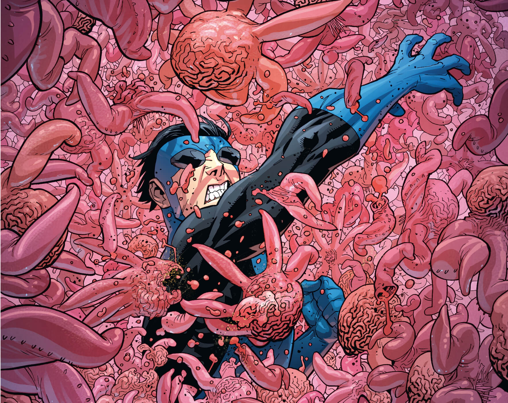 Cover graphic with Invincible fighting off army of sequids